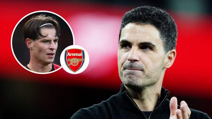Mikel Arteta with Alex Scott and the Arsenal badge
