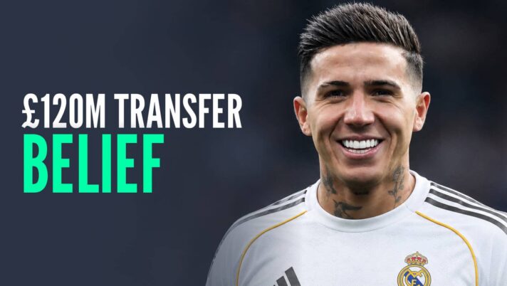 Chelsea star Enzo Fernandez with a Real Madrid Photoshopped on him and the words '£120m transfer belief'