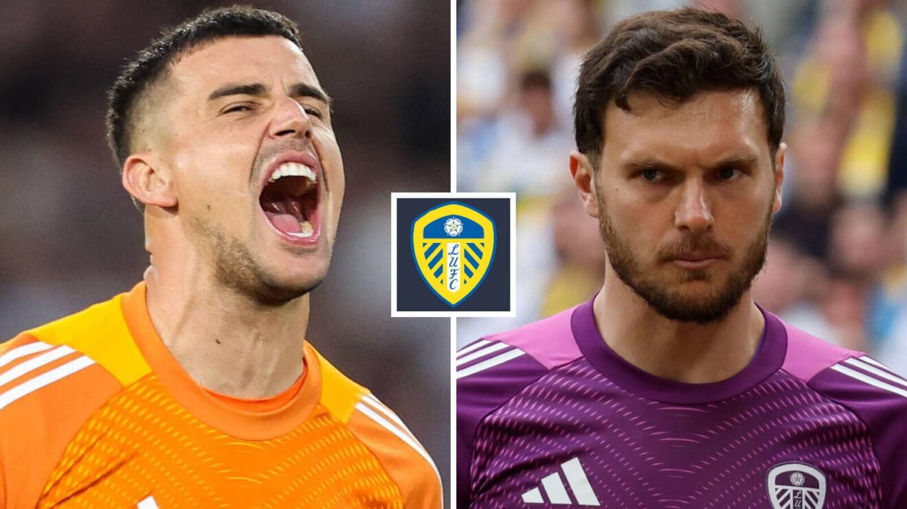 Leeds goalkeepers Karl Darlow and Lucas Perri next to the Leeds United badge