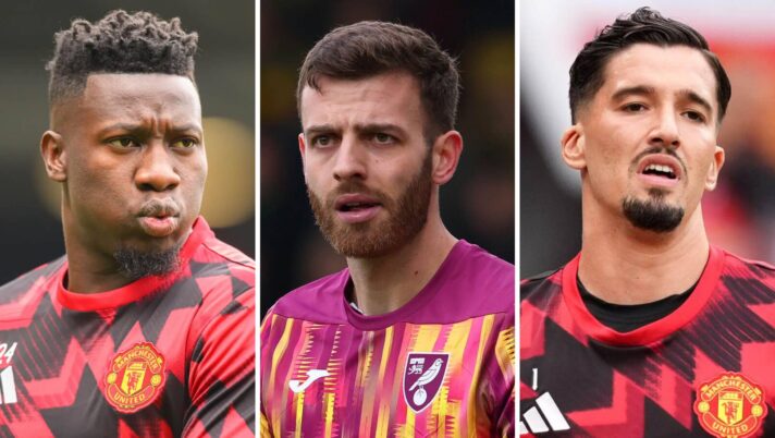 Manchester United goalkeepers Andre Onana (left) and Altay Bayindir (right) with target Angus Gunn (centre)