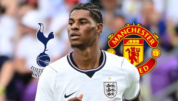 Tottenham Hotspur badge, Marcus Rashford and Manchester United badge - copyright TEAMtalk