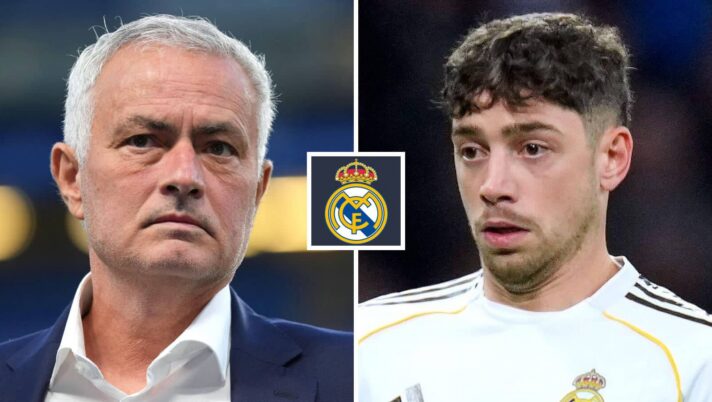 Split image of Real Madrid manager Jose Mourinho and midfielder Federico Valverde with the Real Madrid badge in between - copyright TEAMtalk