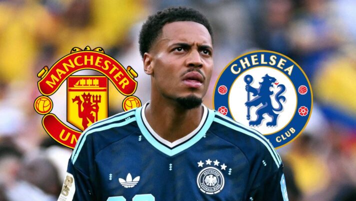 Felix Nmecha with Man Utd and Chelsea badges