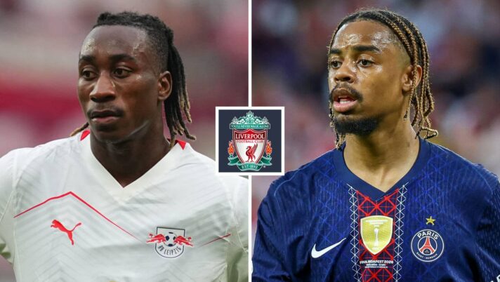 RB Leipzig's Yan Diomande and PSG's Bradley Barcola with a Liverpool badge