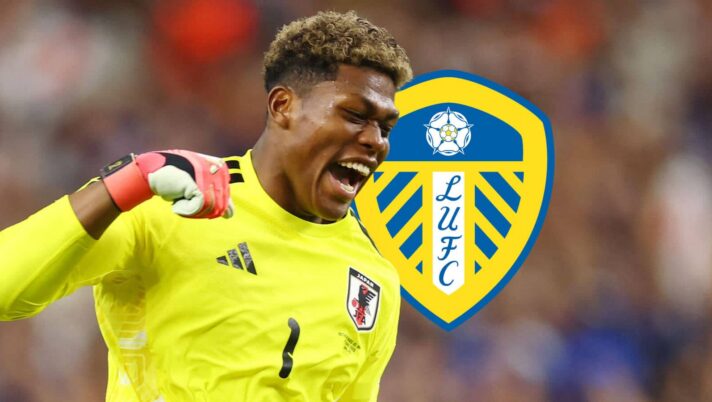 Parma's Japan international goalkeeper Zion Suzuki next to the Leeds United badge