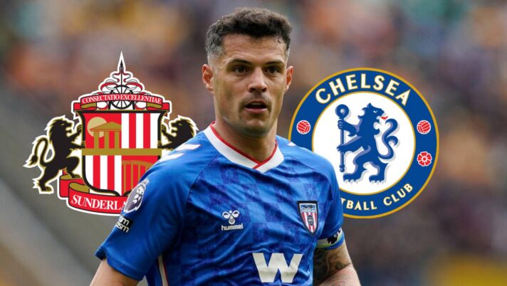 Granit Xhaka with Sunderland and Chelsea badges