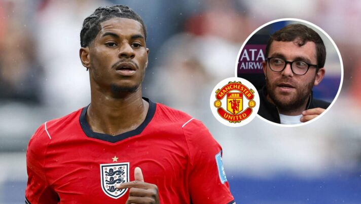 Manchester United winger Marcus Rashford, Manchester United badge and Fabrizio Romano - copyright TEAMtalk