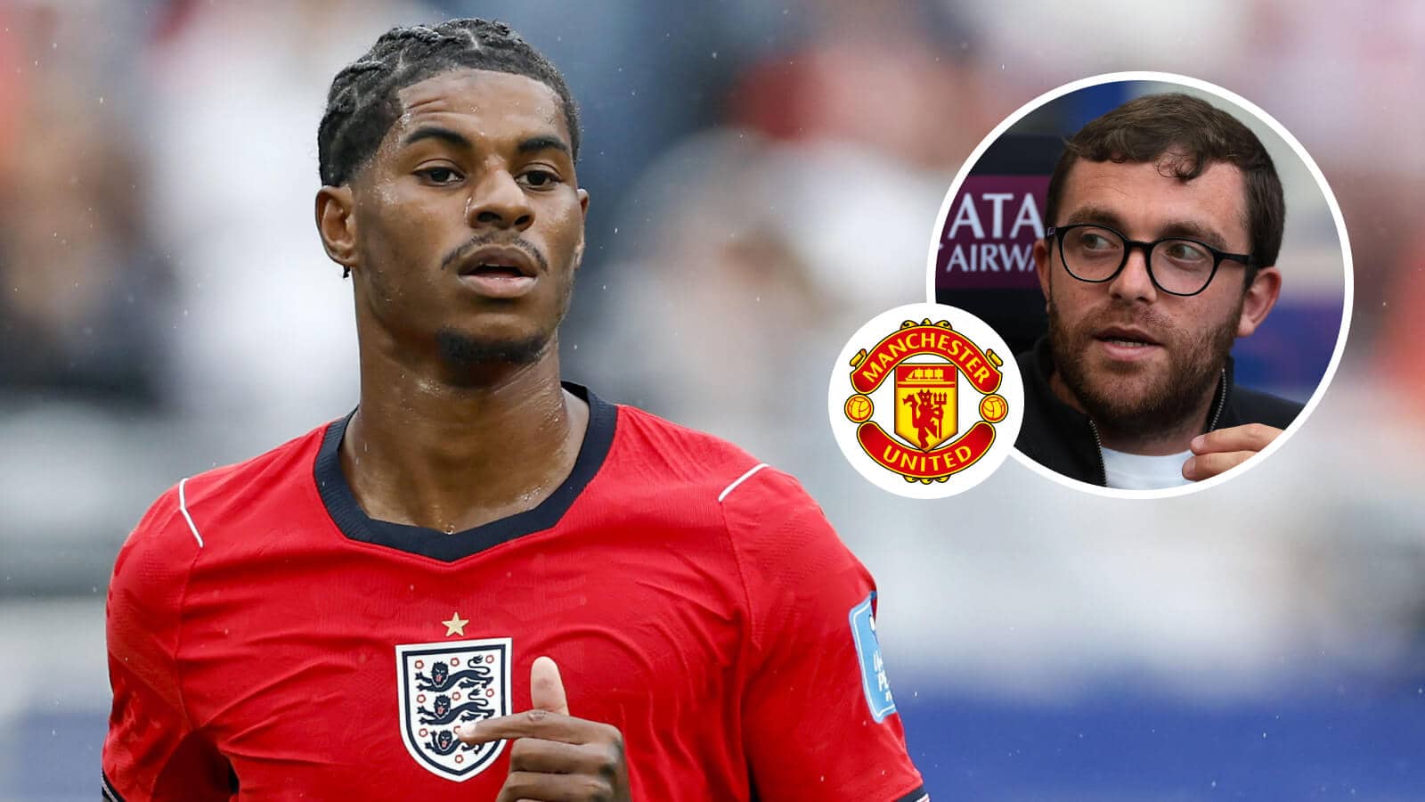 Manchester United winger Marcus Rashford, Manchester United badge and Fabrizio Romano - copyright TEAMtalk