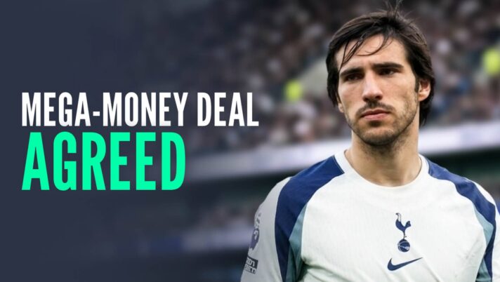 Newcastle star Sandro Tonali with a Tottenham Hotspur shirt Photoshopped on him and the words 'mega-money deal agreed'