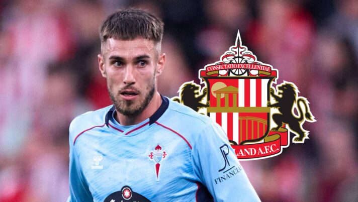 Oscar Mingueza next to the Sunderland badge - copyright TEAMtalk