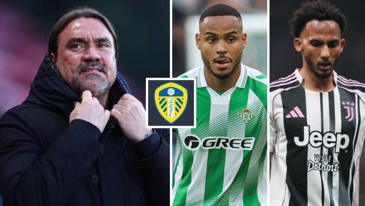 Leeds boss Daniel Farke next to the club badge and Real Betis defender Natan and Lloyd Kelly of Juventus