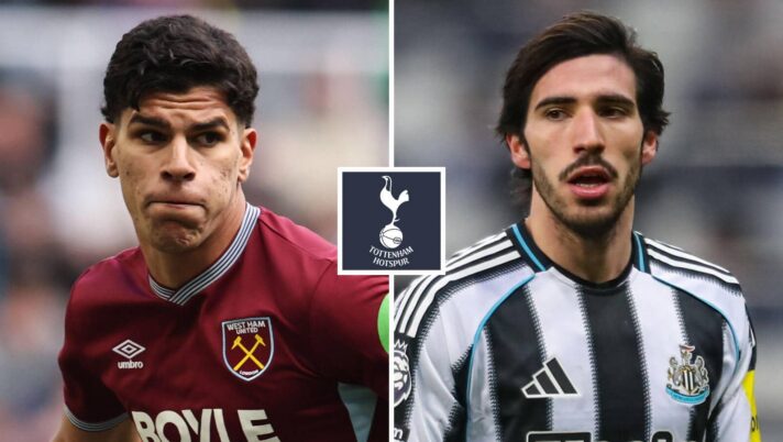 Mateus Fernandes and Sandro Tonali with a Tottenham badge