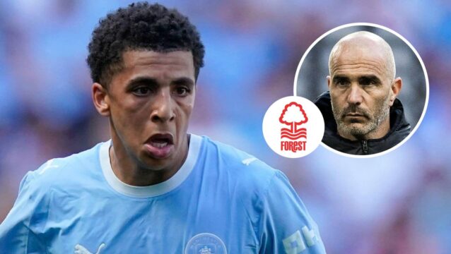 Man City star Rico Lewis with Enzo Maresca and a Nott'm Forest badge