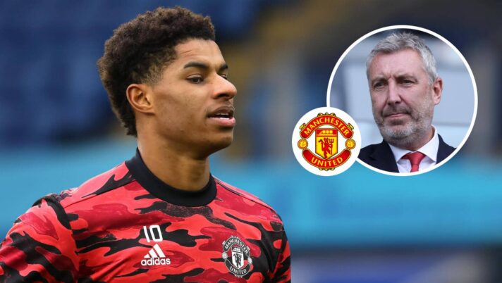 Manchester United director of football Jason Wilcox, inset, next to the club badge and Marcus Rashford as the main