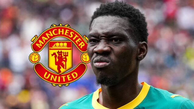 Crystal Palace and Senegal star Ismaila Sarr next to the Manchester United badge