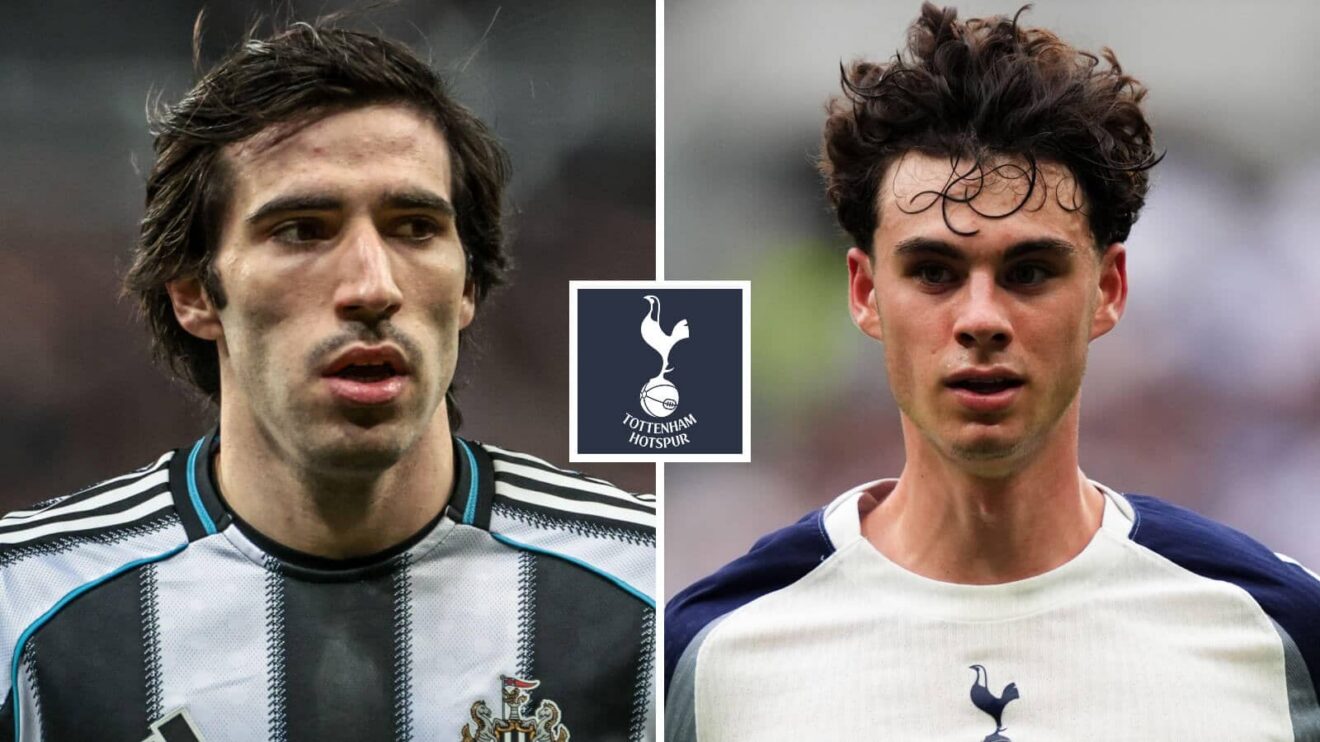 Sandro Tonali, Archie Gray with Tottenham badge