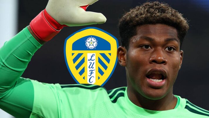 Parma star Zion Suzuki next to the Leeds United badge