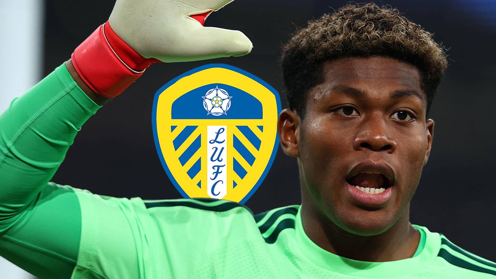Parma star Zion Suzuki next to the Leeds United badge