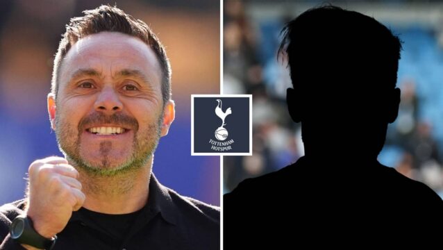 Split image of Tottenham Hotspur manager Roberto De Zerbi and a shadow, with the Tottenham Hotspur badge in between - copyright TEAMtalk
