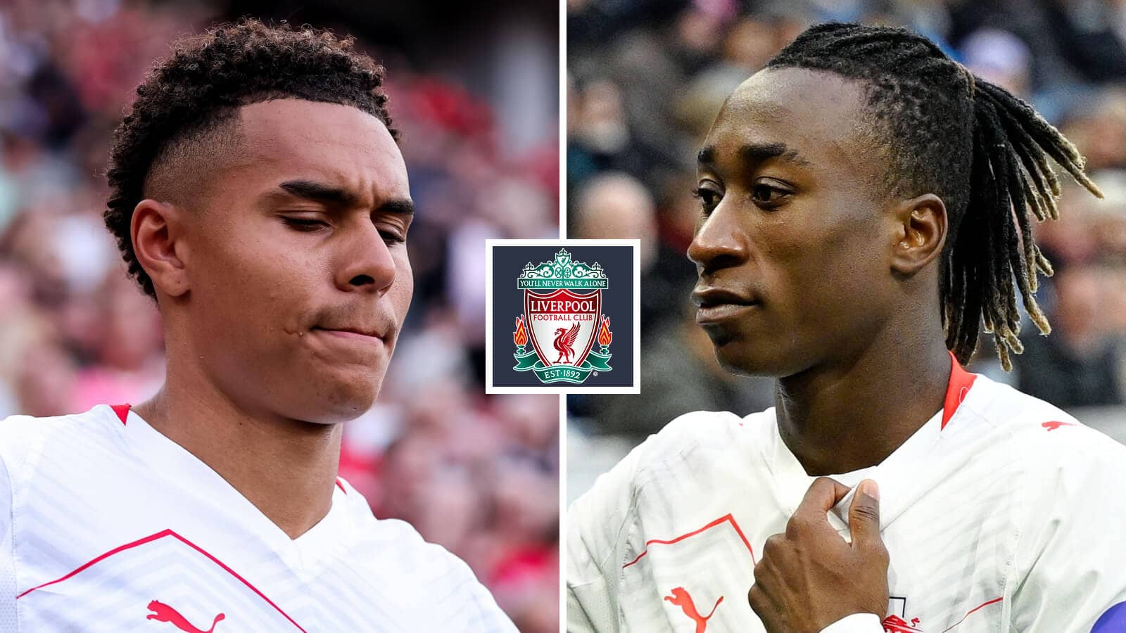 RB Leipzig attackers Antonio Nusa and Yan Diomande either side of the Liverpool badge