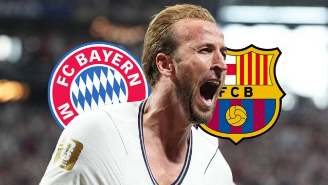 Bayern Munich badge, Harry Kane and Barcelona badge - copyright TEAMtalk