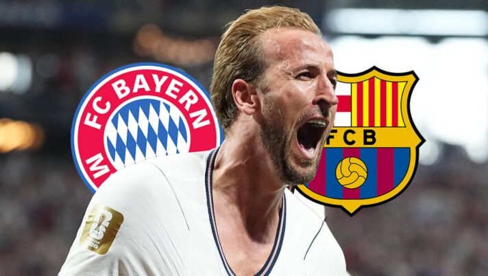 Bayern Munich badge, Harry Kane and Barcelona badge - copyright TEAMtalk