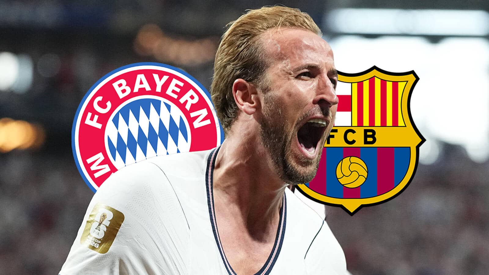 Bayern Munich badge, Harry Kane and Barcelona badge - copyright TEAMtalk