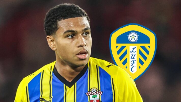 Southampton star Shea Charles next to the Leeds United badge