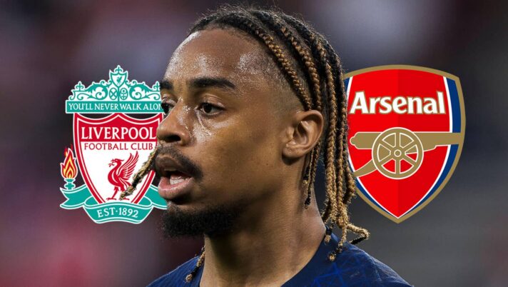 PSG star Bradley Barcola next to the badges of Liverpool and Arsenal