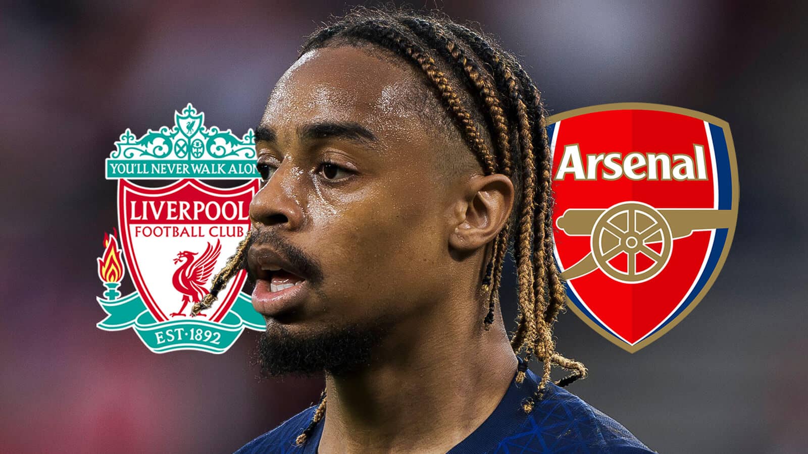 PSG star Bradley Barcola next to the badges of Liverpool and Arsenal