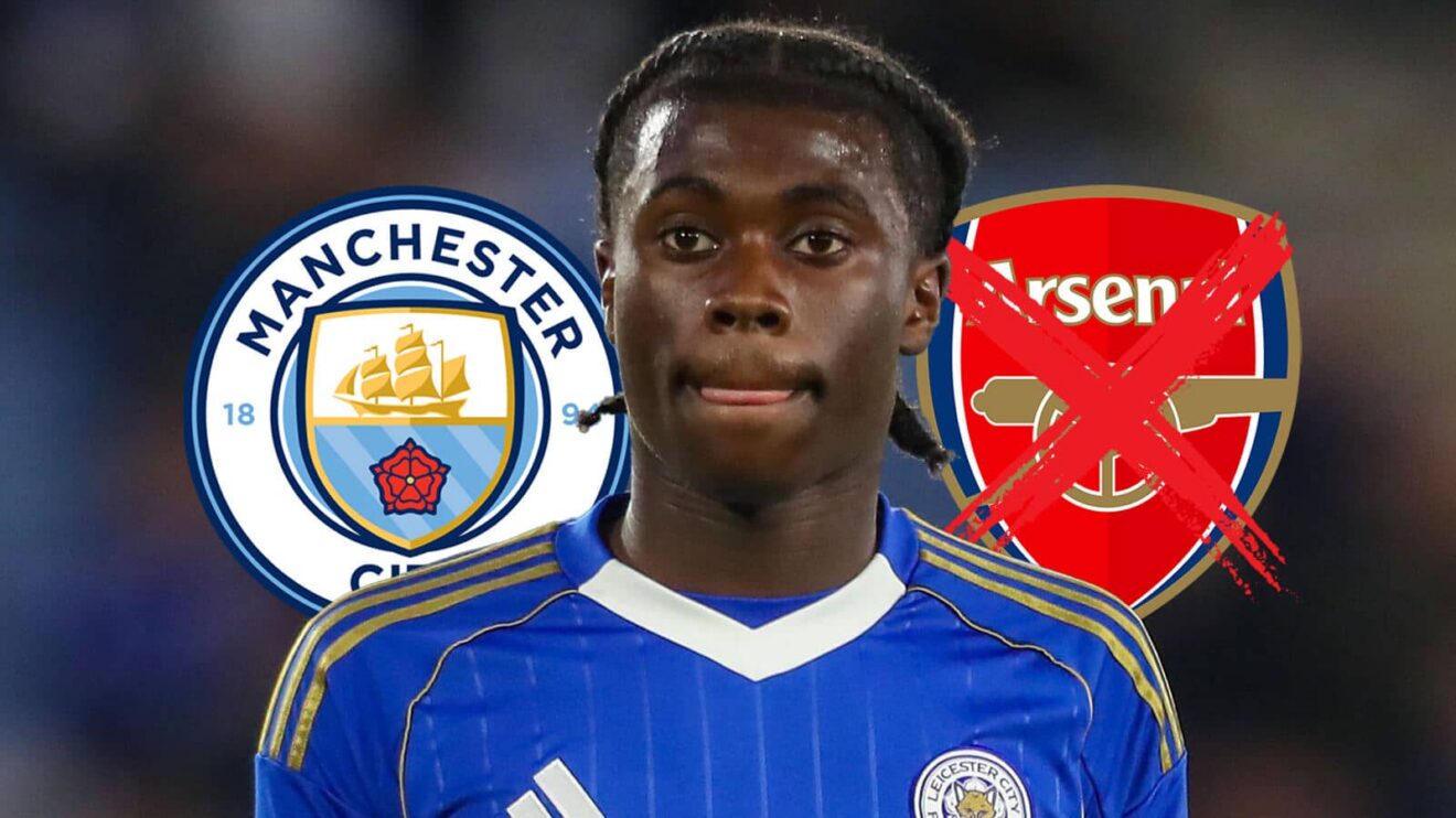 Leicester star Jeremy Monga next to the Manchester City badge and the Arsenal, the latter of which has a big red cross through it