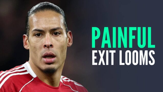 Liverpool captain Virgil van Dijk next to the words 'painful exit looms'