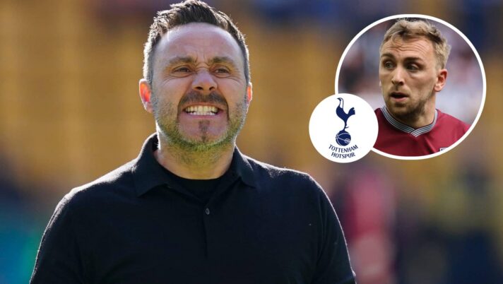 Roberto De Zerbi, Jarrod Bowen with Tottenham badge