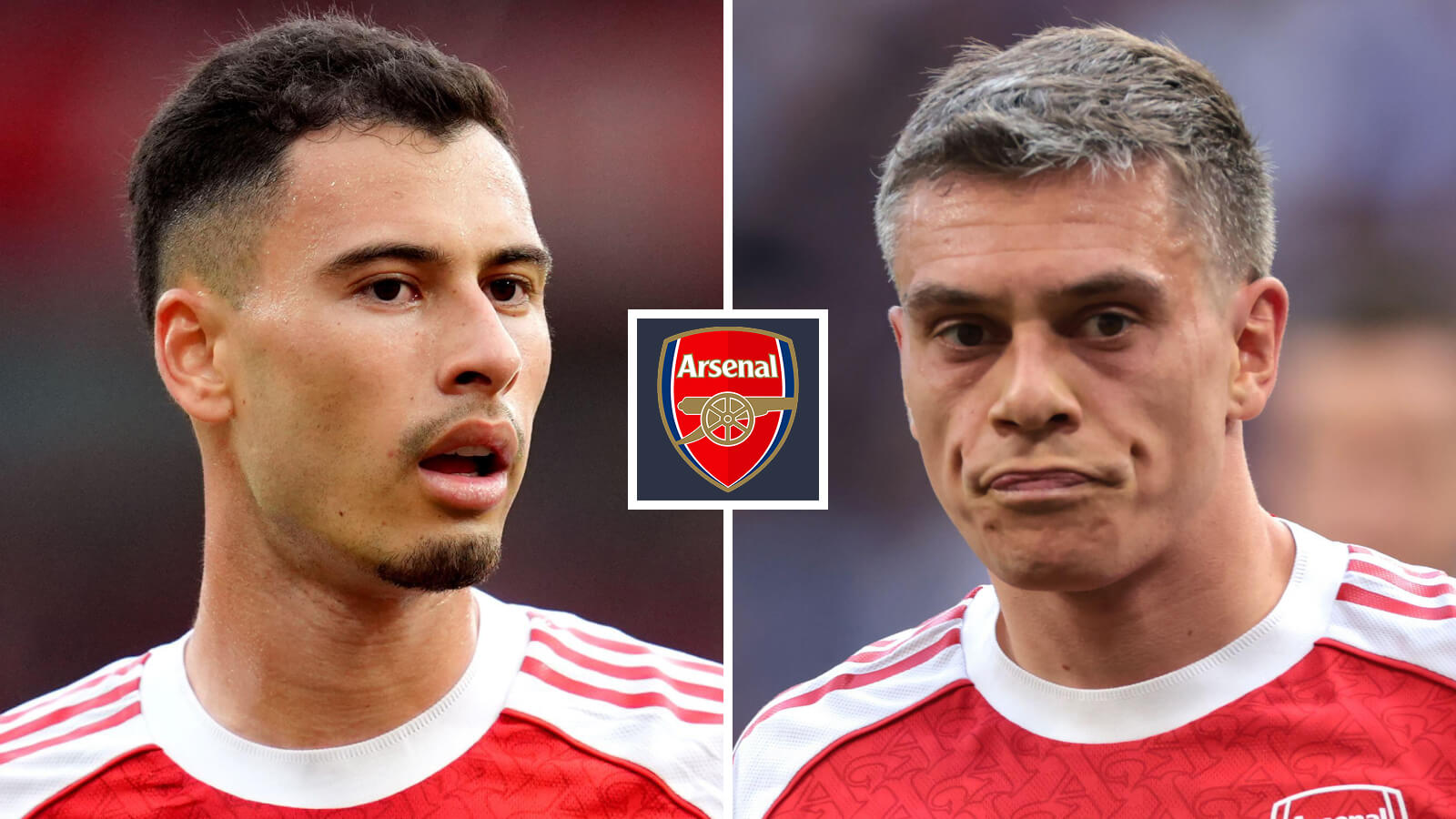Arsenal wingers Gabriel Martinelli and Leandro Trossard next to the Arsenal badge