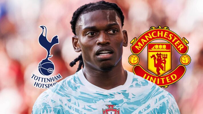 Tottenham Hotspur badge, AC Milan winger Rafael Leao and Manchester United badge - copyright TEAMtalk