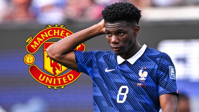 France and Real Madrid star Aurelien Tchouameni next to the Manchester United badge