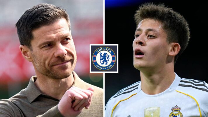 Split image of Chelsea manager Xabi Alonso and Real Madrid midfielder Arda Guler, with the Chelsea badge in between - copyright TEAMtalk