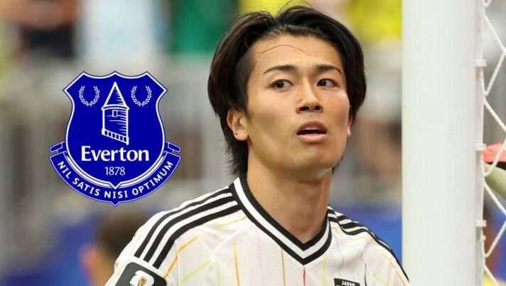 Keito Nakamura with an Everton badge