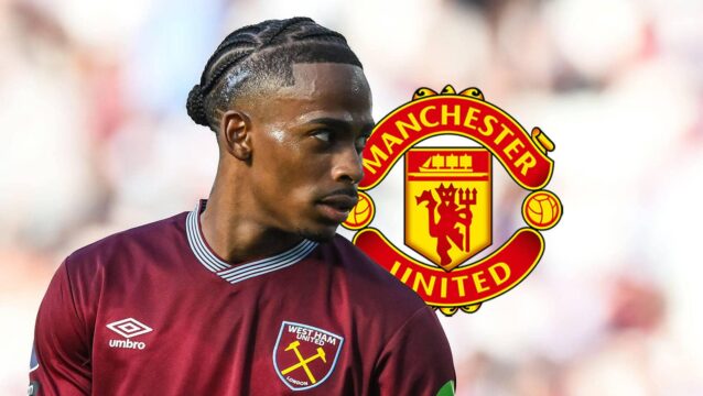 West Ham United winger Crysencio Summerville next to the Manchester United badge - copyright TEAMtalk