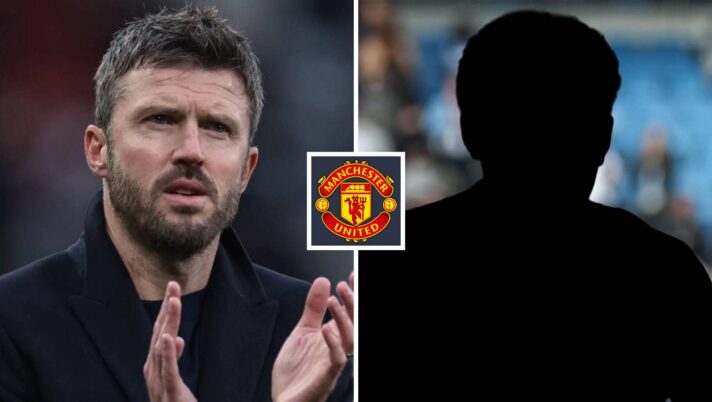Split image of Manchester United manager Michael Carrick and a shadow, with the Manchester United badge in between - copyright TEAMtalk