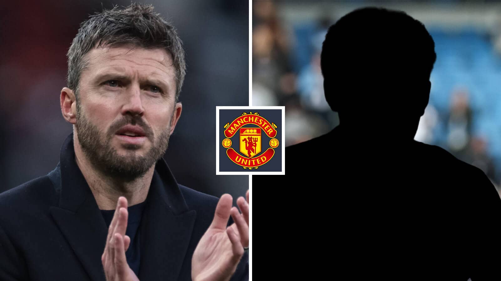 Split image of Manchester United manager Michael Carrick and a shadow, with the Manchester United badge in between - copyright TEAMtalk