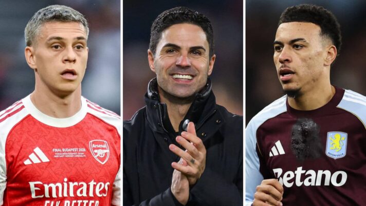Leandro Trossard, Mikel Arteta and Morgan Rogers