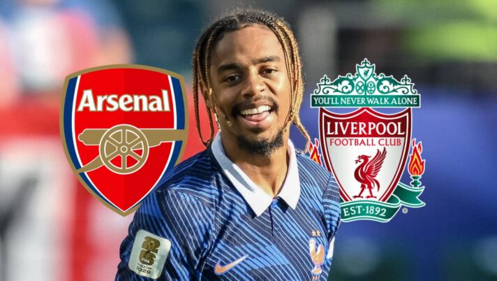 France star Bradley Barcola next to the badges of Arsenal and Liverpool