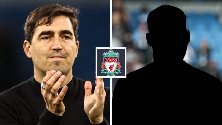 Split image of Liverpool manager Andoni Iraola and a shadow, with the Liverpool badge in between - copyright TEAMtalk