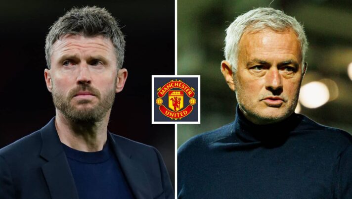 Split image of Manchester United manager Michael Carrick and Real Madrid manager Jose Mourinho with the Manchester United badge in between - copyright TEAMtalk
