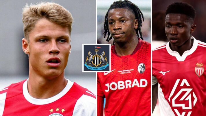 Ajax star Sean Steur next to the Newcastle United badge and Freiburg's Johan Manzambi and Lamine Camara of Monaco