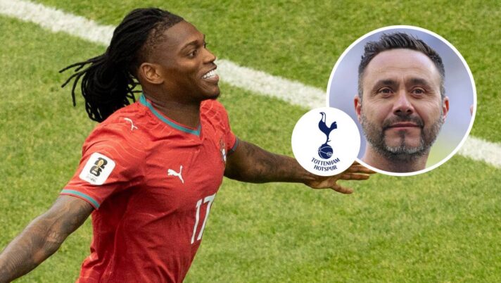 AC Milan winger Rafael Leao, Tottenham Hotspur badge and Tottenham Hotspur manager Roberto De Zerbi - copyright TEAMtalk