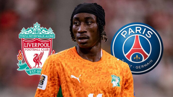 Ivory Coast winger Yan Diomande next to the badges of Liverpool and PSG