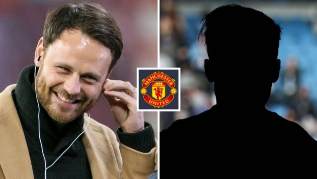 Split image of Manchester United director of recruitment Christopher Vivell and a shadow, with the Manchester United badge in between - copyright TEAMtalk