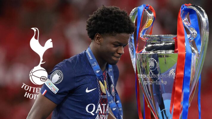 Tottenham Hotspur badge and PSG winger Ibrahim Mbaye - copyright TEAMtalk